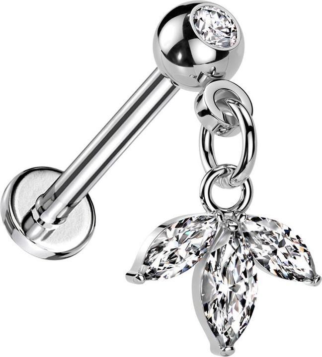 Actual product image Hollywood Body Jewelry Micro Threadless Labret silber mit Kugel mit Kristall silber Anhänger Blatt drei Ovale Kristalle sil (Surgical steel 316L, Brass)