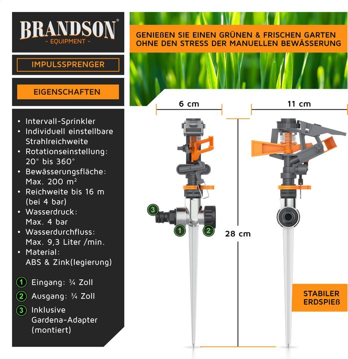 Produktbild Brandson 4x Kreisregner, Intervall-Sprinkler, 360° Impulsregner, Rasensprenger bis 200 m², Gardena kompatibel (Impuls-, Kreis- und Sektorenregner)