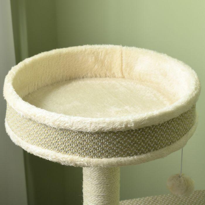 Produktbild Swisshandel24 Kratzbaum 124 cm mit Katzenhöhle, Korb, Spielball, 2 Liegeflächen, bis 5 kg (124 cm, Braun+Beige+Weiss)