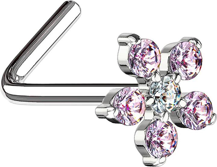 Immagine prodotto Star Piercing Nasenstecker gewinkelt silber Blume Kristall pink (Ottone, Acciaio chirurgico 316L)