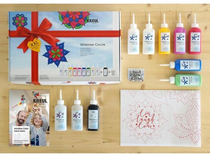 Produktbild Kreul Window Color XXL (Glitzer-Silber, Rehbraun, Royalblau, Pink, Rubinrot, Goldgelb, Schneeweiss, Glitzer-Gold, Mairün, Schwarz, 800 ml)