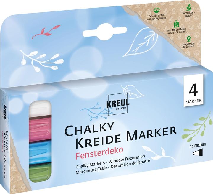 Image du produit Kreul Marqueurs craie Chalky, Medium, lot de 4 Décorations de fenêtre (Cozy Red, Rosemary Green, Blanche Neige, bleu nordique, 4 mm, 4 x)