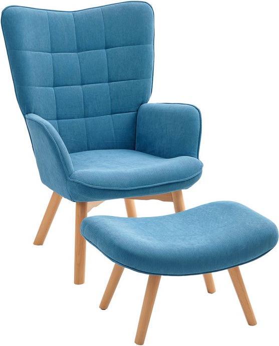 Image du produit Swisshandel24 Sessel mit Hocker, Ohrensessel mit Hoher Rückenlehne, Holzbeine, Cord, Blau