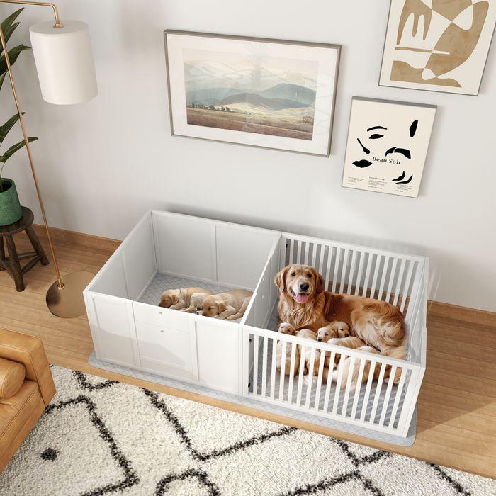 Produktbild Swisshandel24 Wurfbox für Welpen, mit Unterlage, leicht zu reinigen, Holz, 166x80x50 cm, Weiss