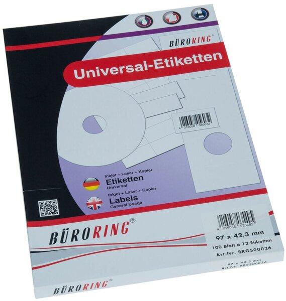 Büroring Etiketten, 97 x 42,3 mm, weiss, 1.200 Etiketten, lösungsmittelfrei, Inkjet-, Laserdrucker, Kopierer
