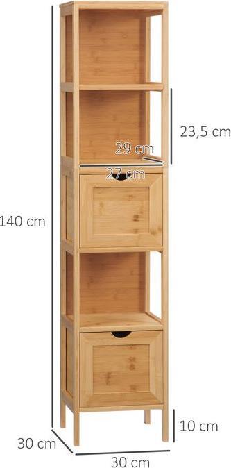 Immagine prodotto Swisshandel24 Mobile da bagno in bambù, 3 ripiani, 2 cassetti, protezione antiribaltamento (30 x 30 x 140 cm)