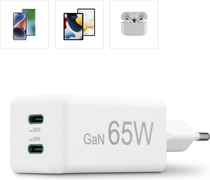 Produktbild Hama Schnellladegerät, GaN, 2x USB-C, PD/Qualcomm®, Mini-Ladegerät, 65 W, Weiss (65 W)