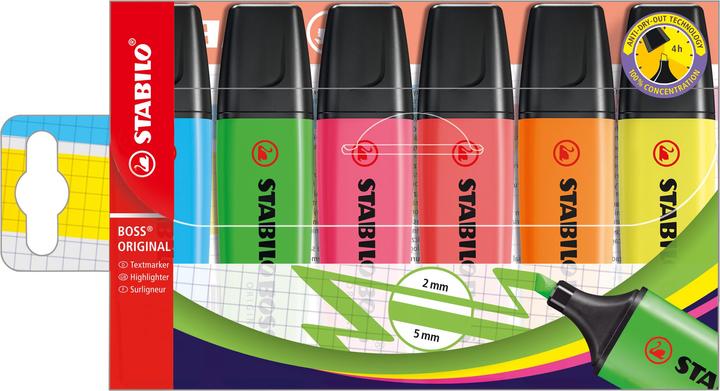 Produktbild STABILO BOSS ORIGINAL Textmarker (Blau, Grün, Pink, Rot, Orange, Gelb, 5 mm, 6 x)