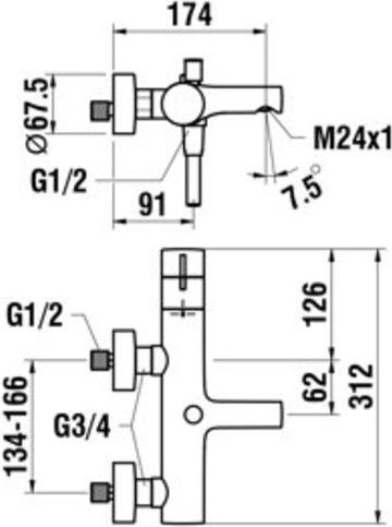 Produktbild Laufen TwinPlus Wannenmischer, Aufputz, Thermostat, 2 Verbraucher, Umsteller, inkl. Handbrause/Braus