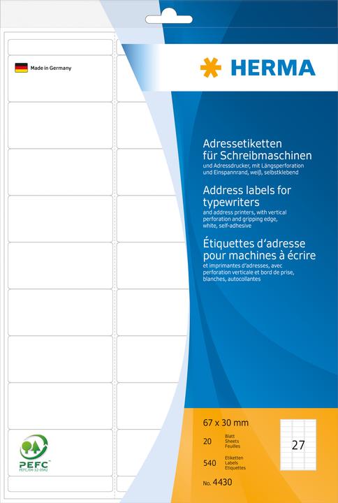 Image du produit HERMA Étiquettes d'adresse pour machines à écrire A4