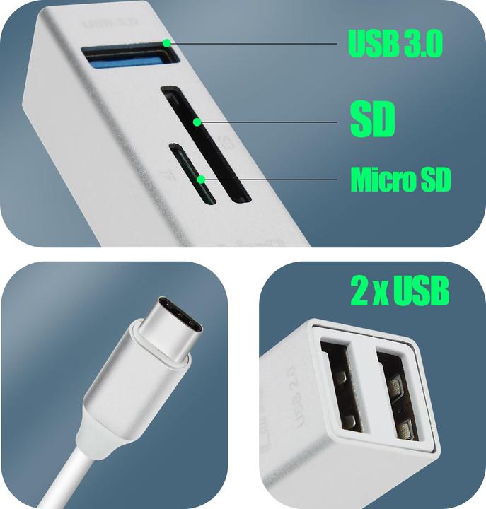 Produktbild LinQ 5-in-1 USB-C Hub, 3x USB Ports + SD / Micro-SD Kartenleser (USB-C, 3 Ports)