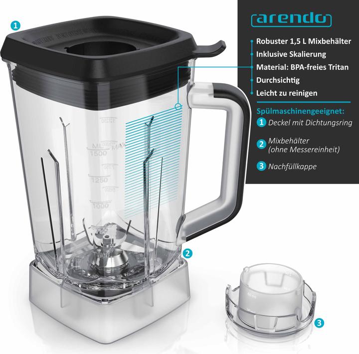 Immagine prodotto Arendo Miscelatore a colonna con vasca da 1,5 litri 30.000 giri/min / lame in acciaio inox (Spina UE, 1500 W)