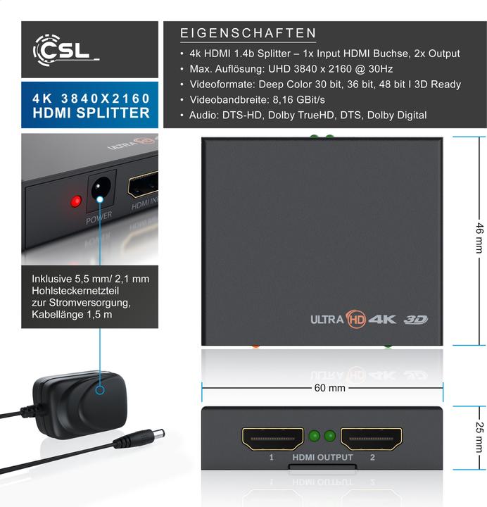 Actual product image CSL HDMI splitter, mini 4K UHD 2-port splitter 1x HDMI input to 2x HDMI output, Ultra HD 2160p
