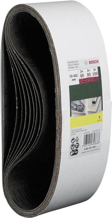 Actual product image Bosch Zubehör Sanding belt set for belt sander, 9 pieces, 75 x 533 mm, grit 60, 80, 100 (60, 80, 100)