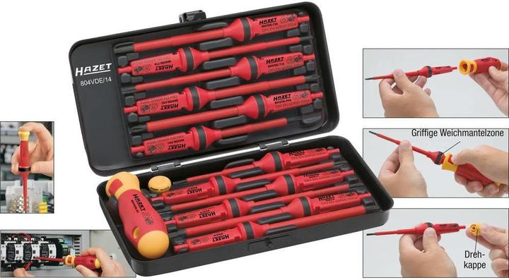 Produktbild HAZET Schraubendreher Satz ∙ schutzisoliert 804VDE/14 ∙ Pozidriv Profil PZ, Kreuzschlitz Profil PH,… (Schlitzschrauben, Torx (TX), Pozidriv-Kreuzschlitz (PZ), Phillipps-Kreuzschlitz (PH))