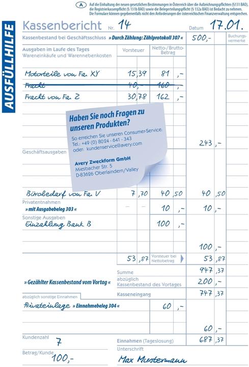 Nährwerte und Zutaten Avery Kassenbericht (50 x)