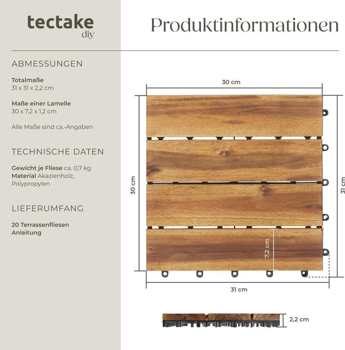 Produktbild tectake 20er Set Terrassenfliesen Tabula Akazienholz, je 4 Lamellen (20 x)