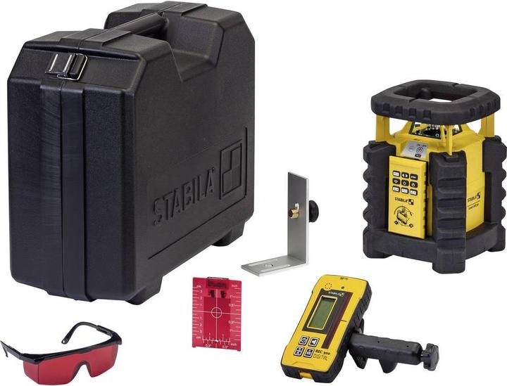 Laser rotante, Occhiali per la visione laser, Piastra di destinazione, Custodie, 4 batterie AA da 1,5 V, Ricevitore REC 300 Digital, Telecomando RC-LAR350, Guida ad angolo a 90°, 2 batterie D 1,5 V
