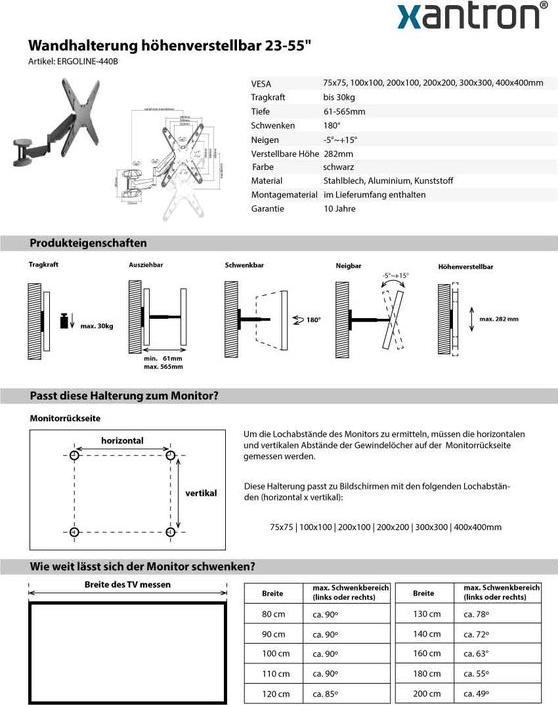 Produktbild Xantron ERGOLINE-440B (Wand, 55", 30 kg)