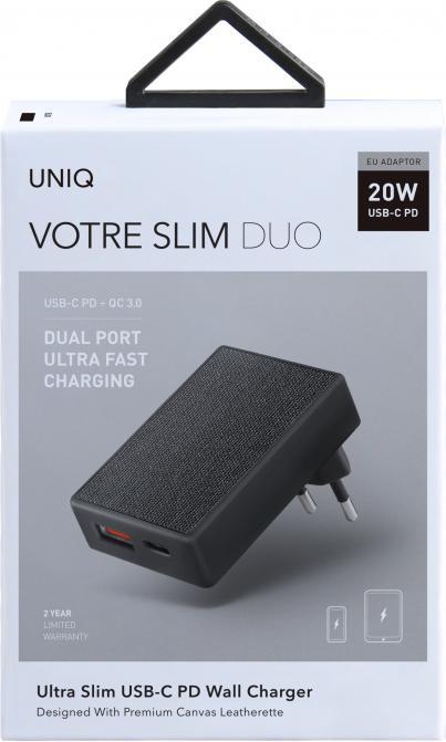 Immagine prodotto Uniq Caricabatterie Votre Slim Duo 1x USB-A 1x USB-C 3A (UNIQ359BLK) (20 W)