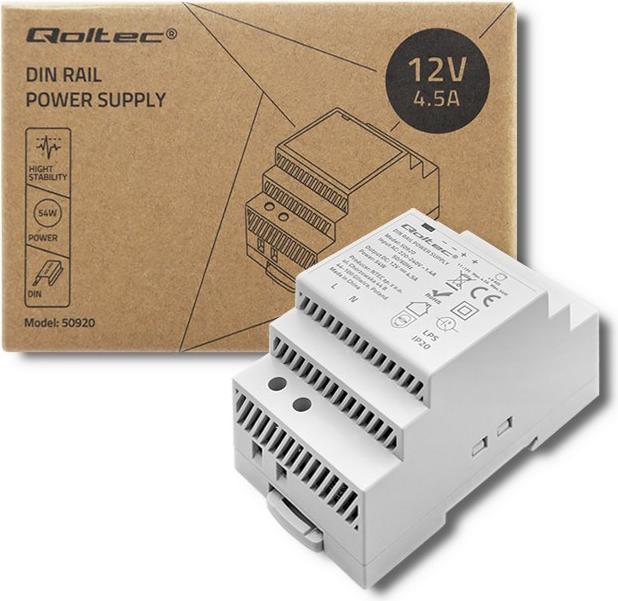 Produktbild Qoltec DIN-Schienen-Netzteil | 54W | 12V | 4 5 A | Grau (54 W)