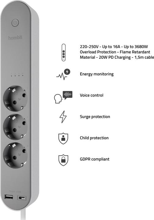 Productafbeelding Hombli Slimme contactdoosstrip (3 x, USB-C, USB-A, 1.50 m)