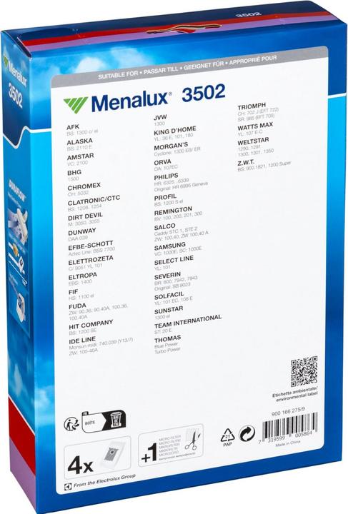 Energie-Label Menalux 3502 / 4 Staubsaugerbeutel / 1 Microfilter / Duraflow /Philips / AFK / Alaska (5 x)