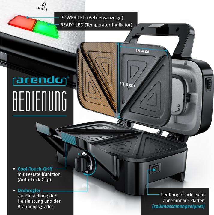 Immagine prodotto Arendo Sandwich maker 1200 W, rivestimento antiaderente, tostapane per grandi toast con piastre rimovibili