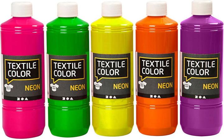 Creativ Company Peinture textile semi-opaque, 5x500ml (Rose néon, Orange fluo, Vert fluo, Jaune fluo, Top blanc, 500 ml)