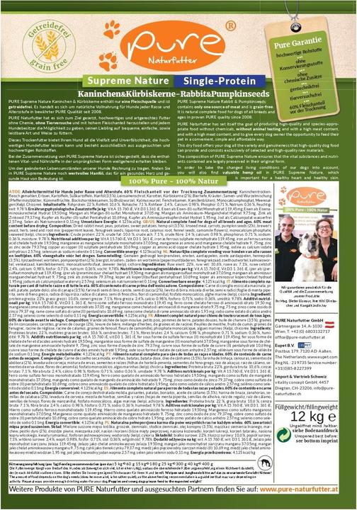 Nutritional values and ingredients Pure Naturfutter PURE Rabbit & Pumpkin Seeds - single Protein & grain free (Adult, Junior, Senior, 1 pcs., 12000 g)
