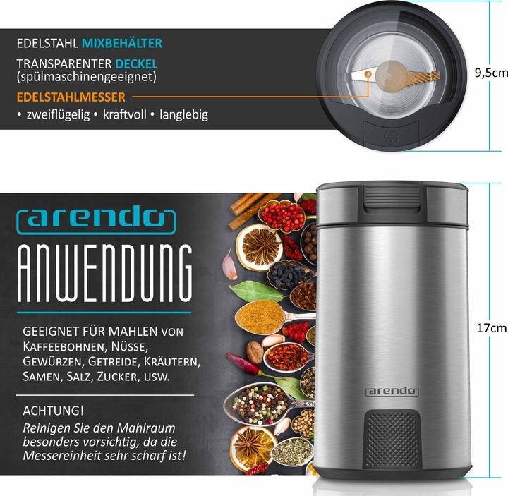 Produktbild Arendo Elektrische Kaffeemühle Edelstahl, Gewürzmühle Coffee Grinder Schrotmühle, Edelstahlmesser