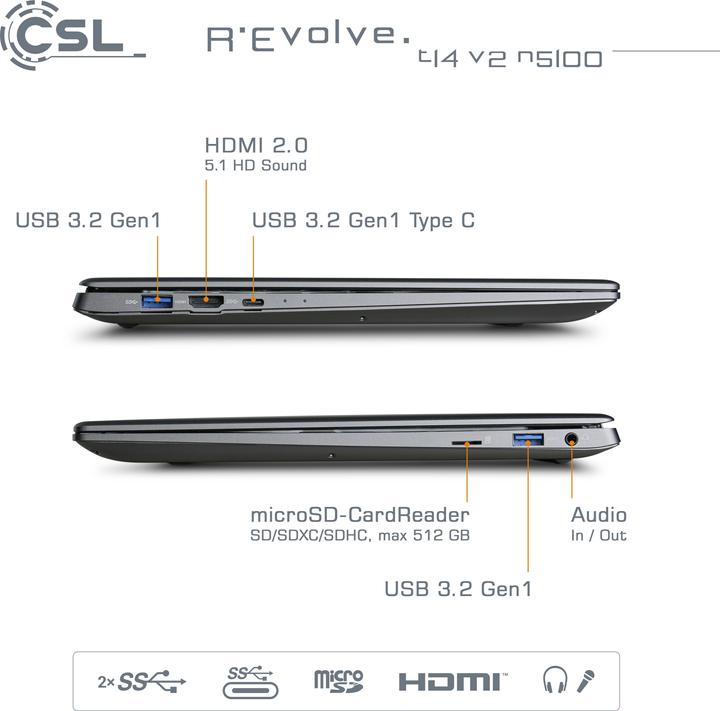 Produktbild CSL Notebook R'Evolve T14 v2 32 GB 2000 GB Windows 11 Home (14", Intel Celeron N5100, 32 GB, 2000 GB, DE)