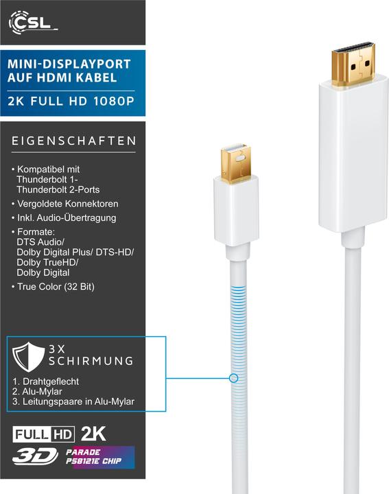 Produktbild CSL 4k Mini Displayport auf HDMI Kabel | Thunderbolt 1- und Thunderbolt 2 Ports | 4K Ultra HD 2160p (3 m, DisplayPort, HDMI)
