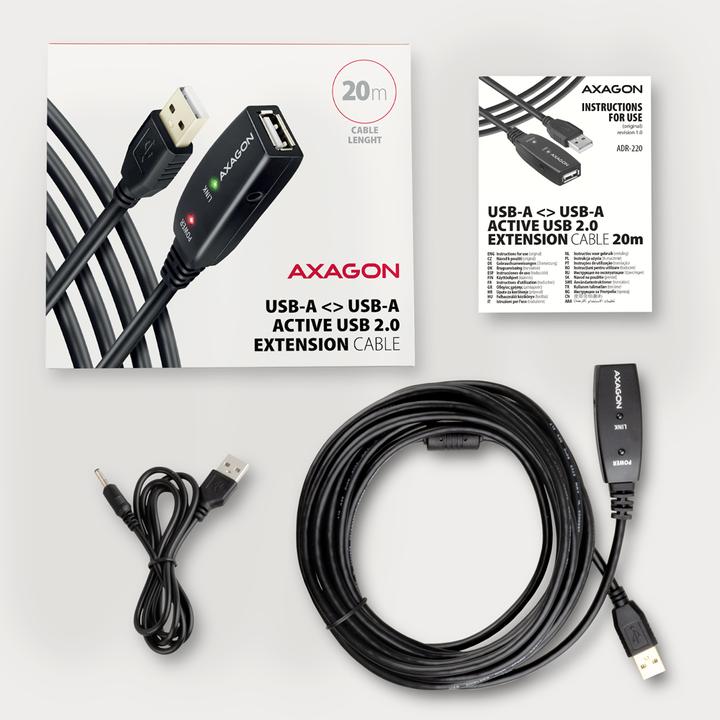 Produktbild Axagon ADR-220 aktives USB 2.0 Verlängerungskabel, USB-A Stecker/Buchse - 20m (20 m, USB 2.0)