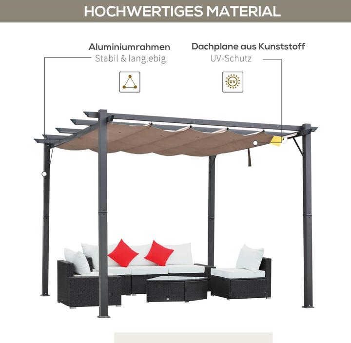 Produktbild Swisshandel24 Pergola Pavillon Terrassenüberdachung mit Schiebedach Garten Alu Kohlegrau+Kaffeebraun 3x3x2,23 m (300 cm, 300 cm)