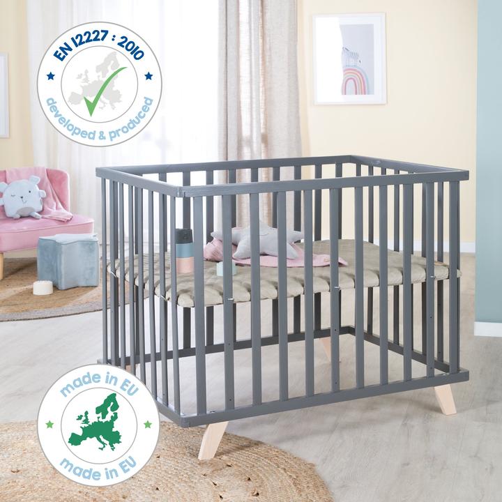 Produktbild Roba Laufgitter 75x100 cm mit Holzfüssen Greyish gesteppt (73 cm, 98.50 cm, Buche)