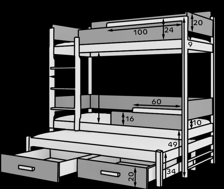 Actual product image ADRK Furniture Triple Bunk Bed with Mattresses QUEEN 180x80 (180 x 80 cm)