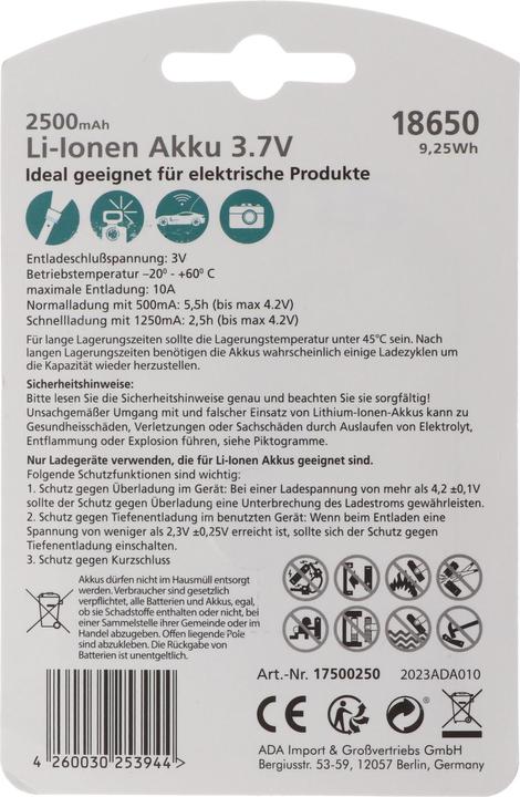 Produktbild Arcas IMC18650BP1 Spezial-Akku 18650 Li-Ion 3.7 V 2500 mAh (1 Stk., 18650, 2500 mAh)
