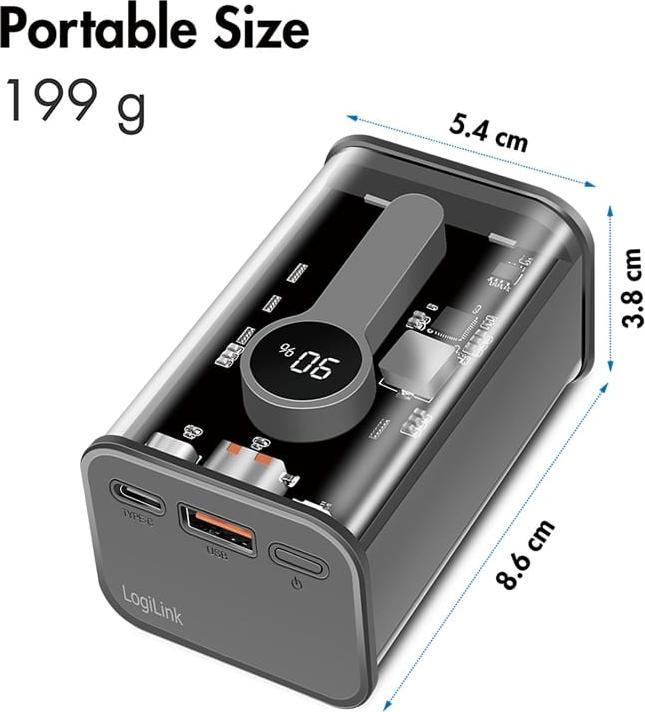 Actual product image LogiLink Powerbank 10000 mAh, 1x USB-A, 1x USB-C, with display, PD & QC, transp. (10000 mAh, 20 W, 37 Wh)