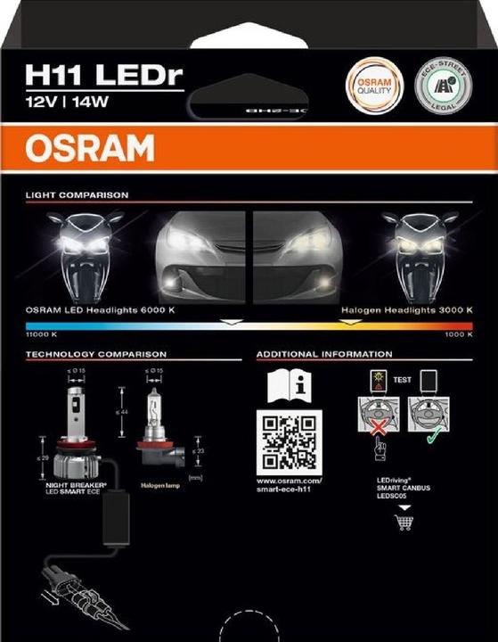 Produktbild Osram H11 LED Autolampe Smart ECE 14W tageslichtweiss mit Night Breaker 4062172418331 (H11)