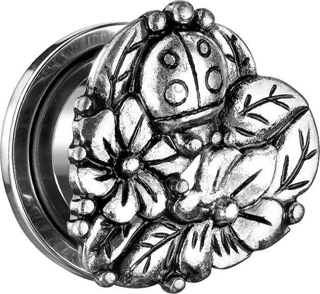 Image du produit Star Piercing Flesh Plug Coeur avec fleurs et coccinelle (Laiton, Acier chirurgical 316L)