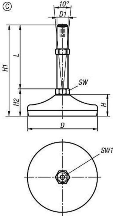 Produktbild Kipp Stellfuss mit innensechskant, Form C M16x100, D=80, edelstahl, Komp Gummi