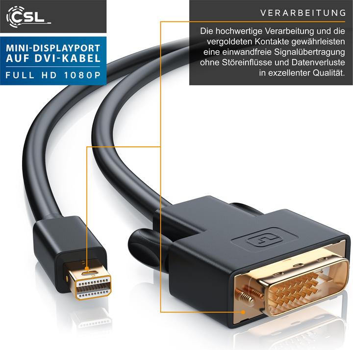 Image du produit CSL Câble vidéo Mini DisplayPort vers DVI, câble adaptateur de moniteur miniDP, pour Apple, PC et (2 m, DisplayPort, DVI)