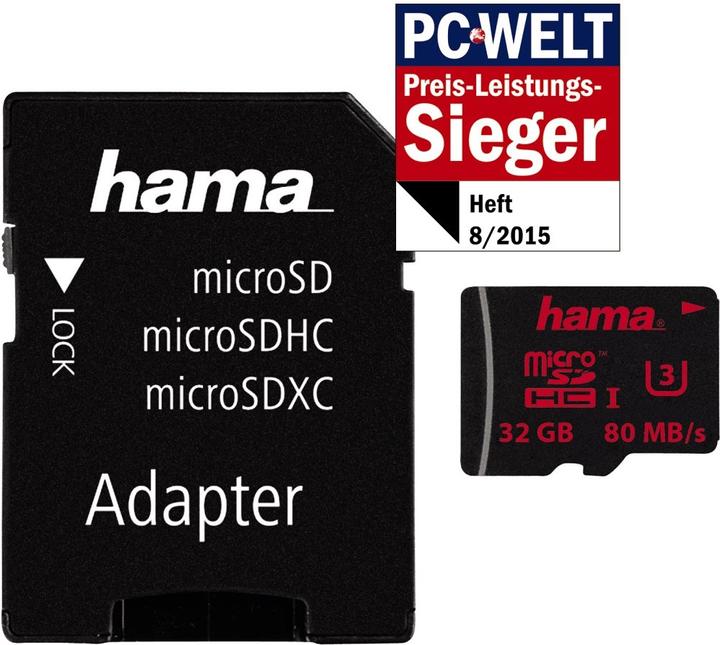 Productafbeelding Hama microSDHC 32GB Klasse 3 +Adapter/Foto (32 GB, microSDHC, U3, UHS-I)