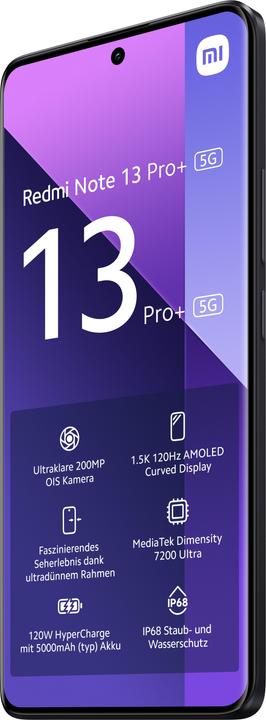 Produktbild Xiaomi Redmi Note 13 Pro+ 5G (256 GB, Midnight Black, 6.67", SIM + eSIM, 200 Mpx, 5G)