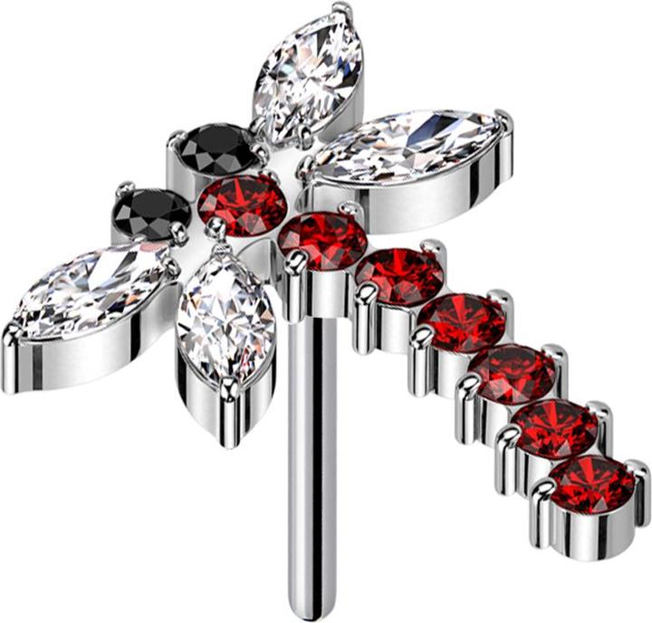 Star Piercing Threadless Libelle silber Kristalle rot (ohne Messing, Titan G23)