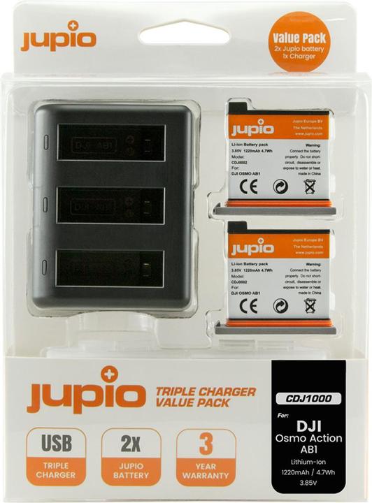 Jupio Set triplo caricabatterie per DJI Osmo Action + 2 batterie (Set)