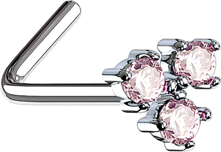 Produktbild Star Piercing Nasenstecker gewinkelt silber mit drei Kristallen pink (Chirurgenstahl 316L, Messing)