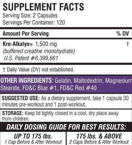 Valeurs nutritives et ingrédients EFX Kre-Alkalyn (240 pièce(s), Capsules, 1000 g)