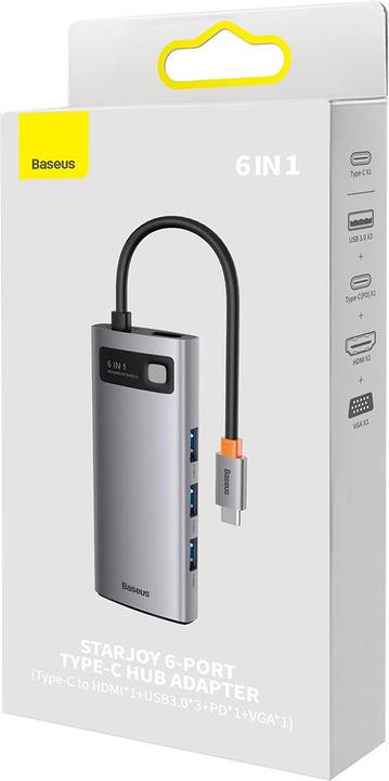 Image du produit Baseus Metal Gleam Series 6-in-1 Multifunctional Type-C HUB Docking Station Gray Type-C to HDMI*1+USB3.0*3 (USB-C, 6 Ports)